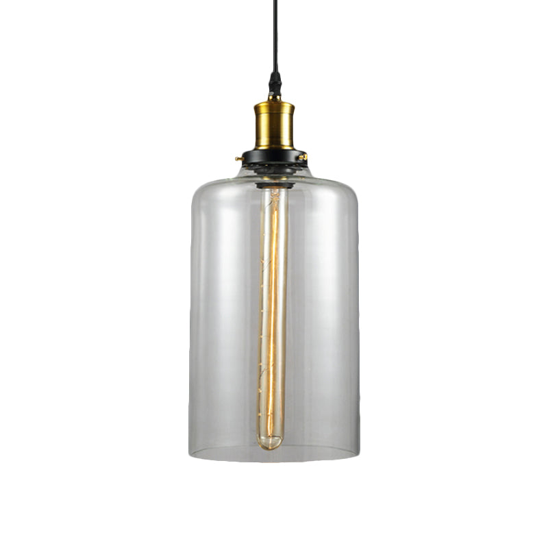 Vintage Brass Clear Glass Ceiling Pendant Light - 1-Light Cylinder/Dome/Schoolhouse Lamp