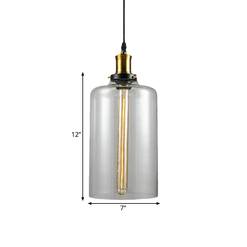 Vintage Brass Clear Glass Ceiling Pendant Light - 1-Light Cylinder/Dome/Schoolhouse Lamp