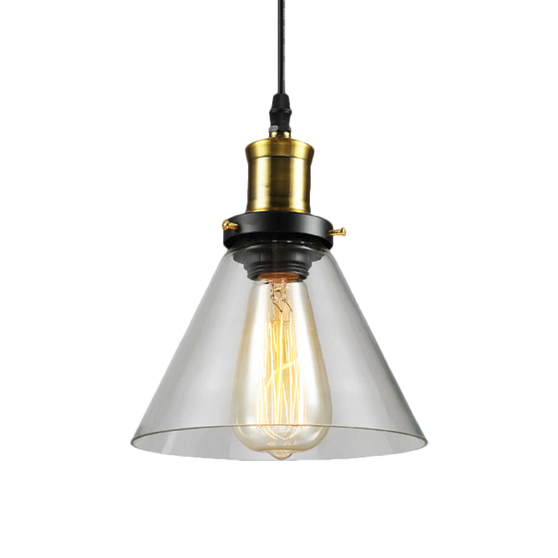 Vintage Brass Hanging Ceiling Light With Clear Glass Cone/Globe Pendant For Living Room