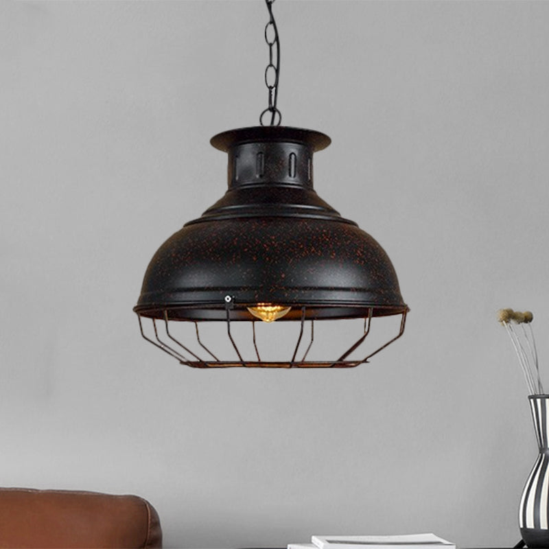 Vintage Style 1-Light Pendant Lamp: Black/Rust Bowl Shade With Wire Cage Coffee Shop Ceiling