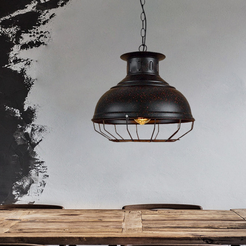 Vintage Style 1-Light Pendant Lamp: Black/Rust Bowl Shade With Wire Cage Coffee Shop Ceiling