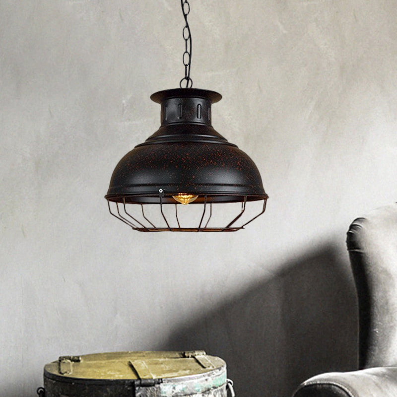 Vintage Style 1-Light Pendant Lamp: Black/Rust Bowl Shade With Wire Cage Coffee Shop Ceiling
