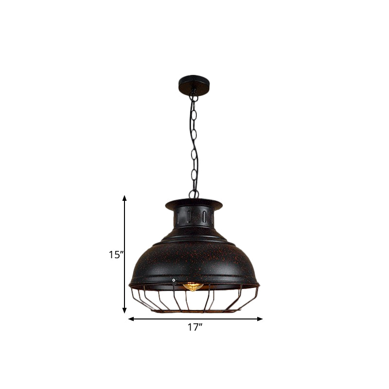 Vintage Style 1-Light Pendant Lamp: Black/Rust Bowl Shade With Wire Cage Coffee Shop Ceiling