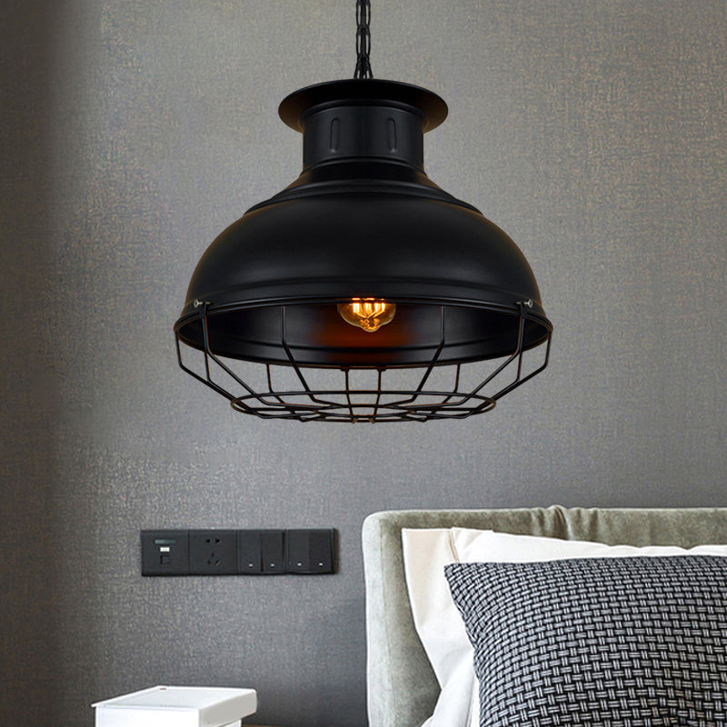 Vintage Style 1-Light Pendant Lamp: Black/Rust Bowl Shade With Wire Cage Coffee Shop Ceiling