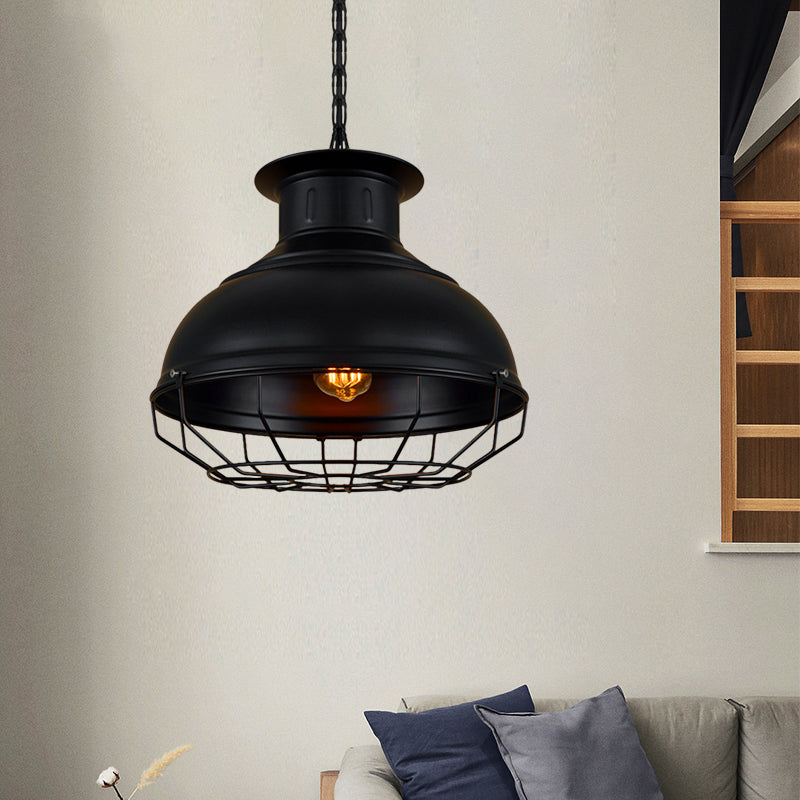Vintage Style 1-Light Pendant Lamp: Black/Rust Bowl Shade With Wire Cage Coffee Shop Ceiling