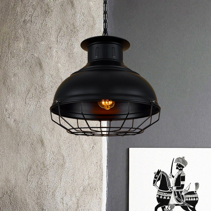 Vintage Style 1-Light Pendant Lamp: Black/Rust Bowl Shade With Wire Cage Coffee Shop Ceiling