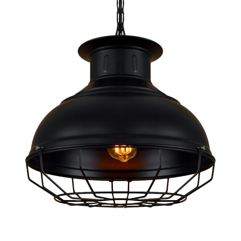 Vintage Style 1-Light Pendant Lamp: Black/Rust Bowl Shade With Wire Cage Coffee Shop Ceiling
