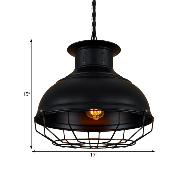 Vintage Style 1-Light Pendant Lamp: Black/Rust Bowl Shade With Wire Cage Coffee Shop Ceiling
