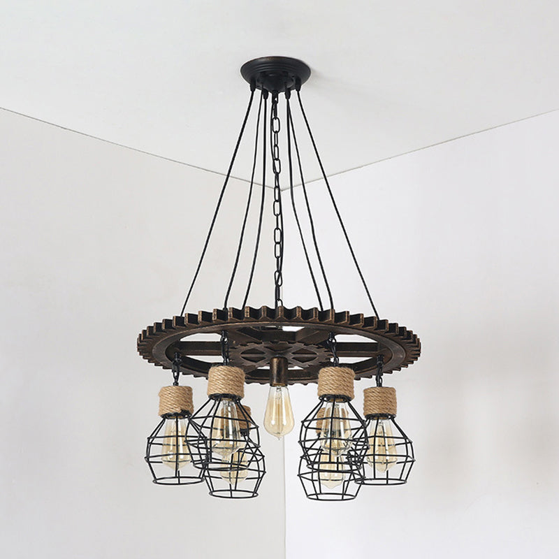 Antique Style Black Iron Pendant Light with Wire Guard - 5/7-Head Suspended Lamp Fixture
