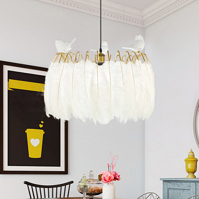Modern Bird Fabric Drum Pendant Lamp - White 1-Light Hanging Lamp for Bedroom