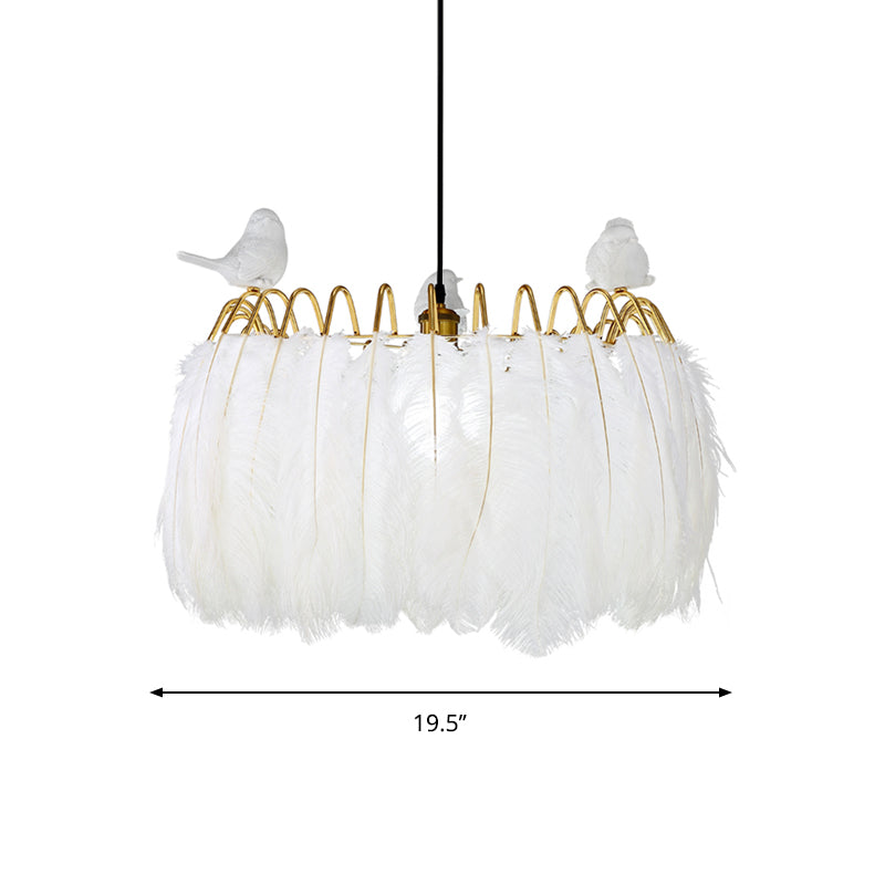 Modern Bird Fabric Drum Pendant With 1 Light For Bedroom