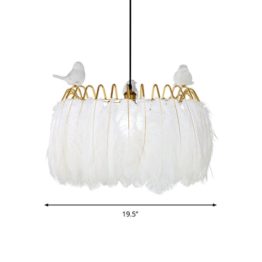 Modern Bird Fabric Drum Pendant With 1 Light For Bedroom