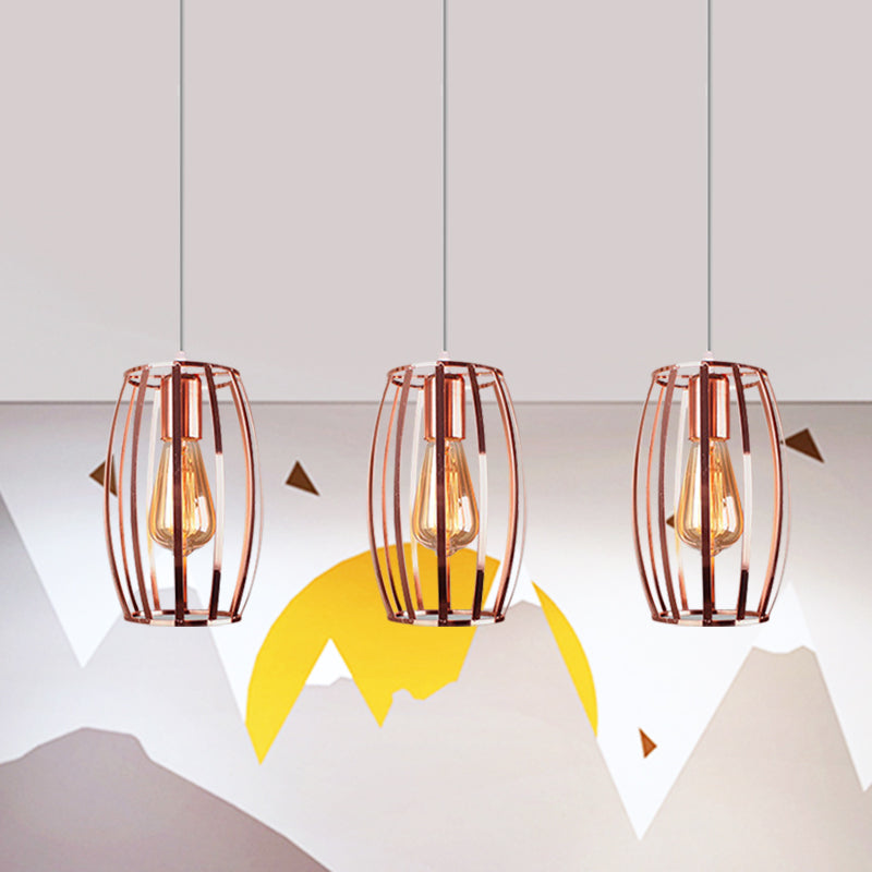 Lampe suspendue en fer et cuivre avec abat-jour cage ovale - Plafonnier industriel, 3 ampoules - Éclairage élégant pour chambre à coucher
