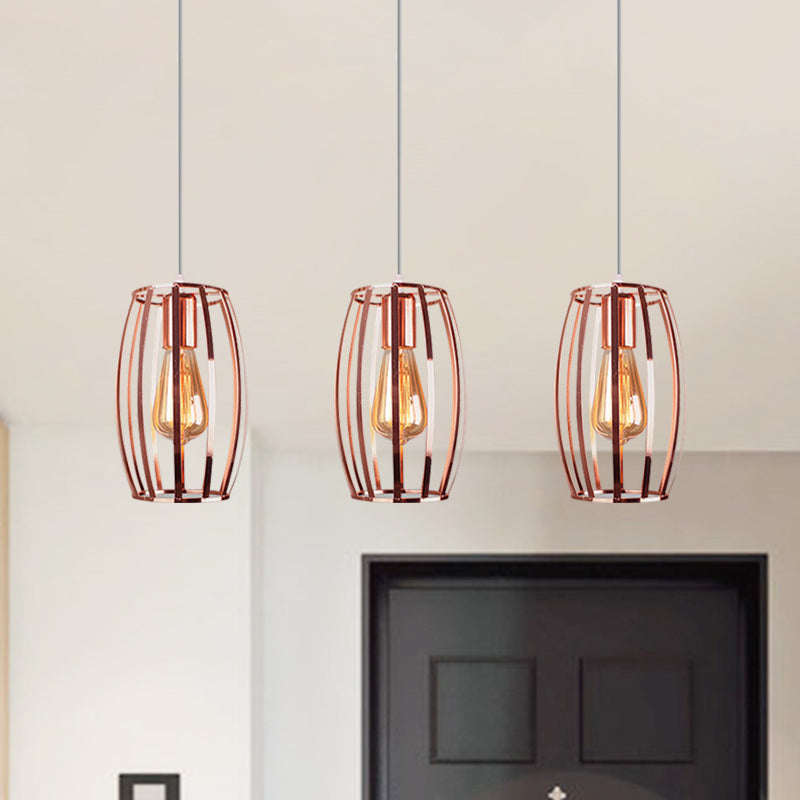Lampe suspendue en fer et cuivre avec abat-jour cage ovale - Plafonnier industriel, 3 ampoules - Éclairage élégant pour chambre à coucher