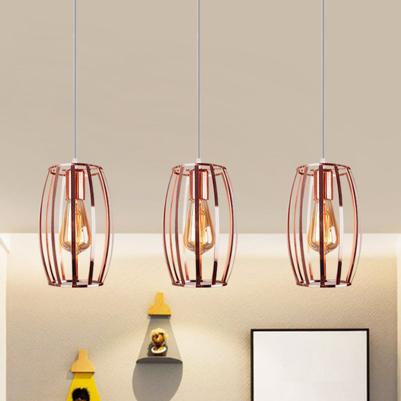 Lampe suspendue en fer et cuivre avec abat-jour cage ovale - Plafonnier industriel, 3 ampoules - Éclairage élégant pour chambre à coucher
