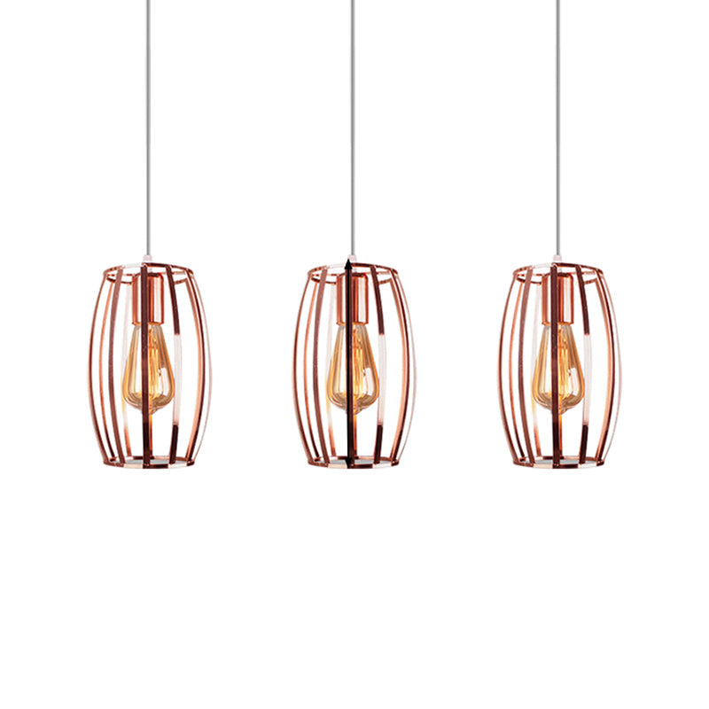 Lampe suspendue en fer et cuivre avec abat-jour cage ovale - Plafonnier industriel, 3 ampoules - Éclairage élégant pour chambre à coucher