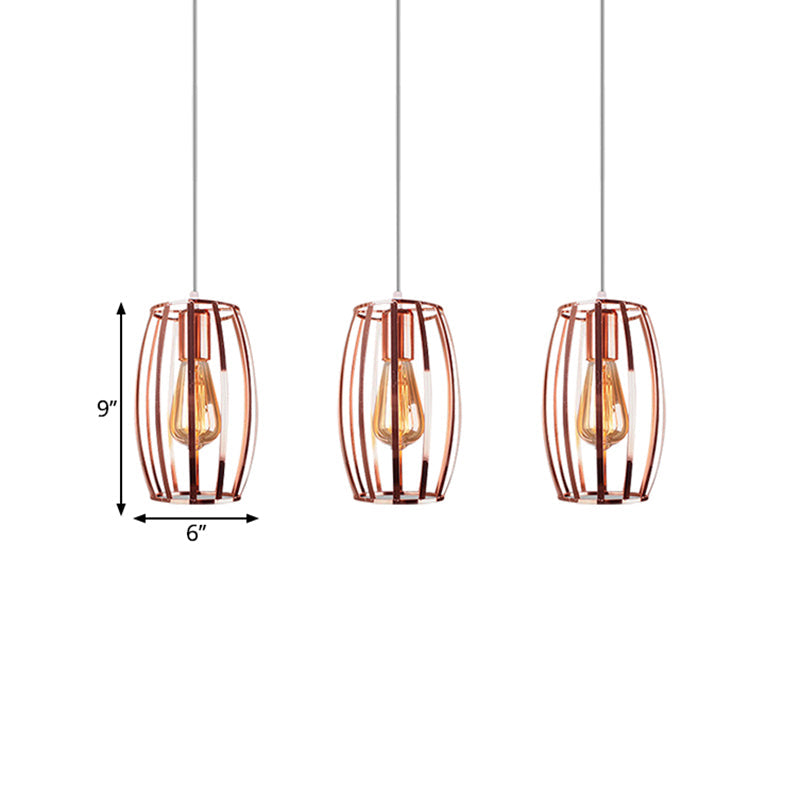 Lampe suspendue en fer et cuivre avec abat-jour cage ovale - Plafonnier industriel, 3 ampoules - Éclairage élégant pour chambre à coucher