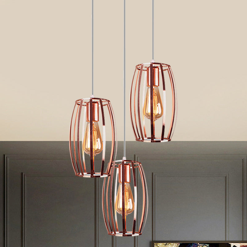 Lampe suspendue en fer et cuivre avec abat-jour cage ovale - Plafonnier industriel, 3 ampoules - Éclairage élégant pour chambre à coucher