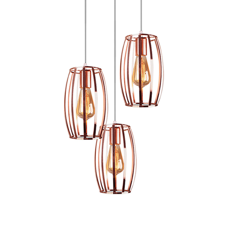 Lampe suspendue en fer et cuivre avec abat-jour cage ovale - Plafonnier industriel, 3 ampoules - Éclairage élégant pour chambre à coucher