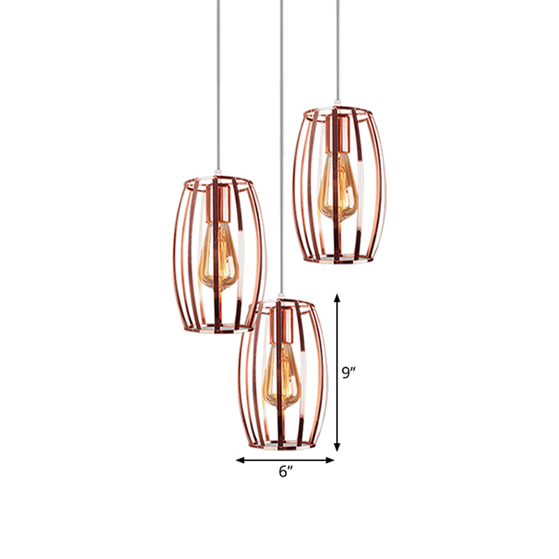 Lampe suspendue en fer et cuivre avec abat-jour cage ovale - Plafonnier industriel, 3 ampoules - Éclairage élégant pour chambre à coucher