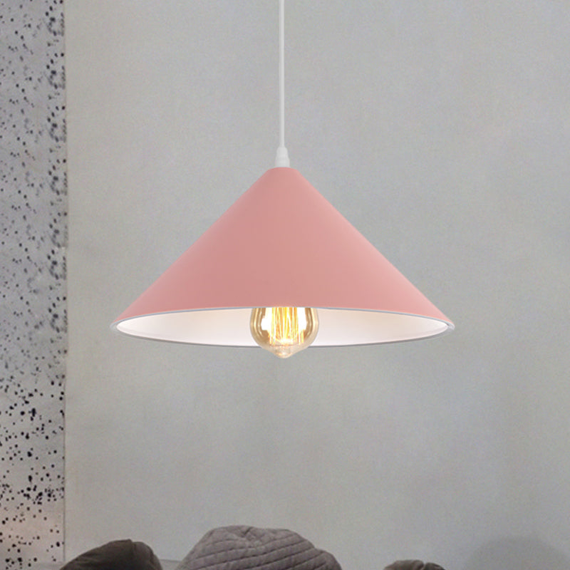 Metallic Macaron Style Pendant Light Fixture for Coffee Shops with Conic Shade, Single Bulb in Black/White/Pink