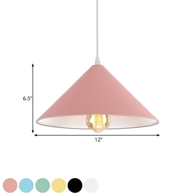 Metallic Macaron Style Pendant Light Fixture for Coffee Shops with Conic Shade, Single Bulb in Black/White/Pink