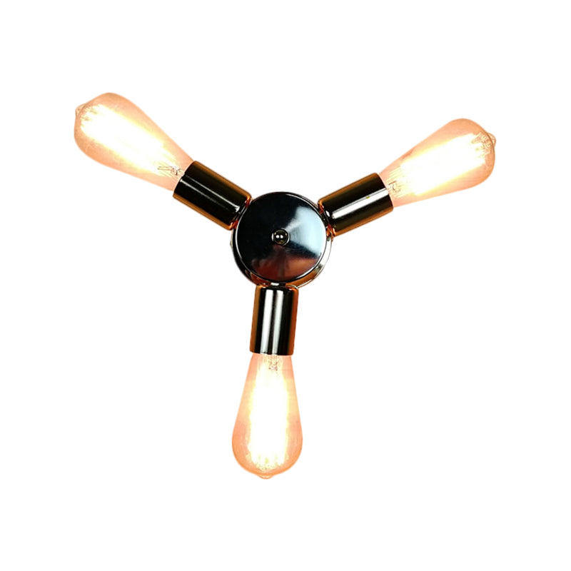 Vintage Inspired Exposed Bulb Semi Flush Pendant Light - 3/6 Lights Metal Ceiling Fixture In Brass