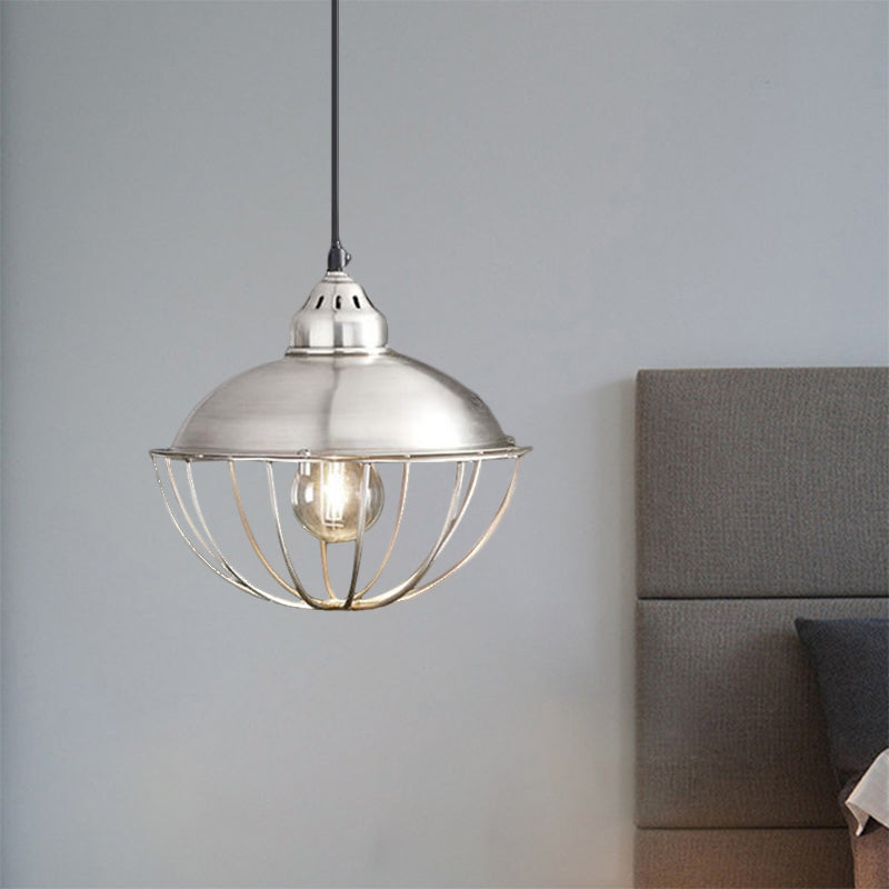 Vintage Style Metal Bowl Cage Pendant Light - Silver 1 Light Ceiling Fixture for Dining Room