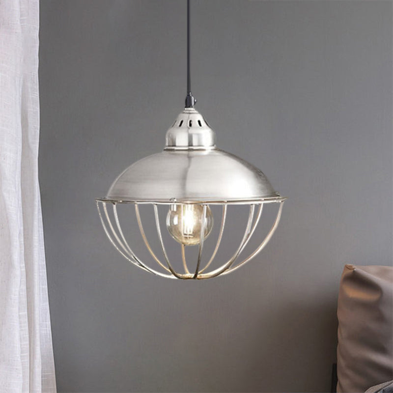 Vintage Style Metal Bowl Cage Pendant Light - Silver 1 Light Ceiling Fixture for Dining Room