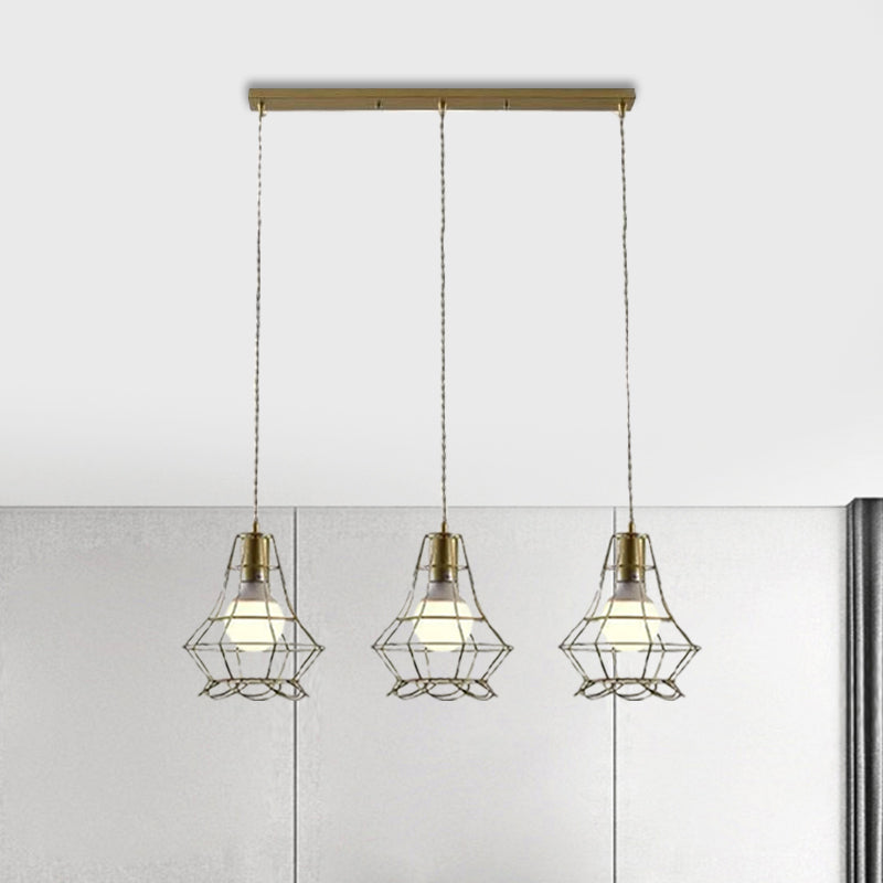 Vintage Iron Caged Pendant Lamp with Petal Shade - Golden 3 Lights Hanging Fixture