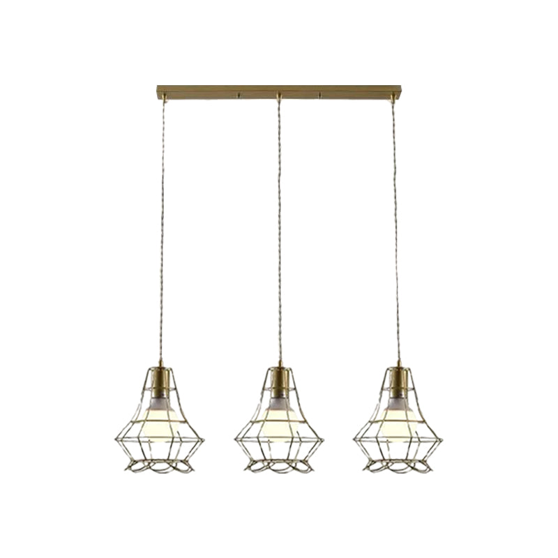 Vintage Iron Caged Pendant Lamp with Petal Shade - Golden 3 Lights Hanging Fixture