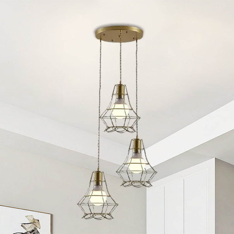 Vintage Iron Caged Pendant Lamp with Petal Shade - Golden 3 Lights Hanging Fixture