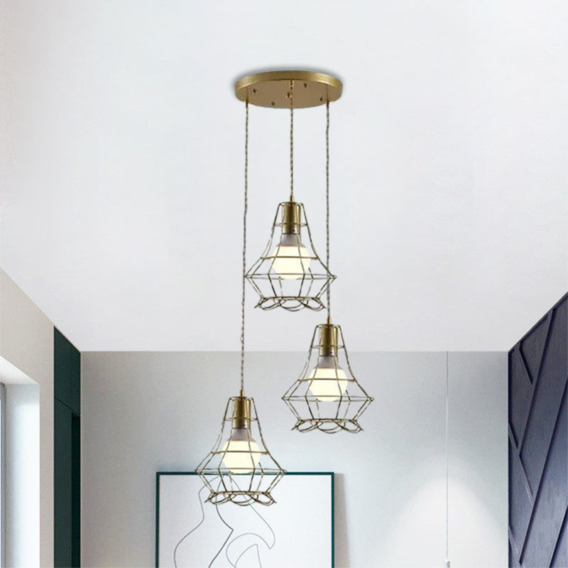Vintage Iron Caged Pendant Lamp with Petal Shade - Golden 3 Lights Hanging Fixture