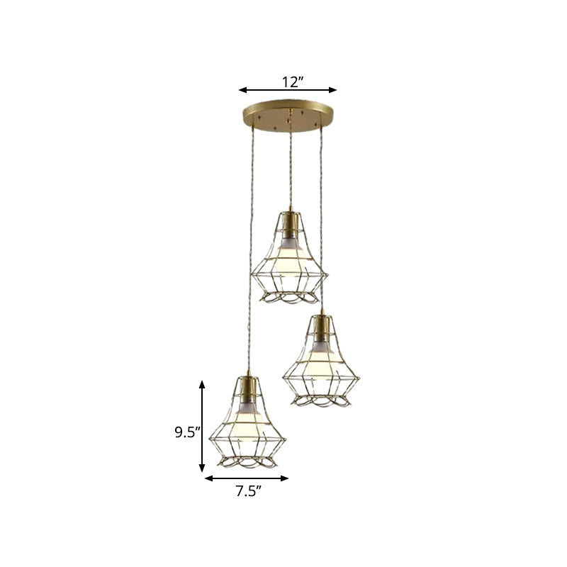 Vintage Iron Caged Pendant Lamp with Petal Shade - Golden 3 Lights Hanging Fixture