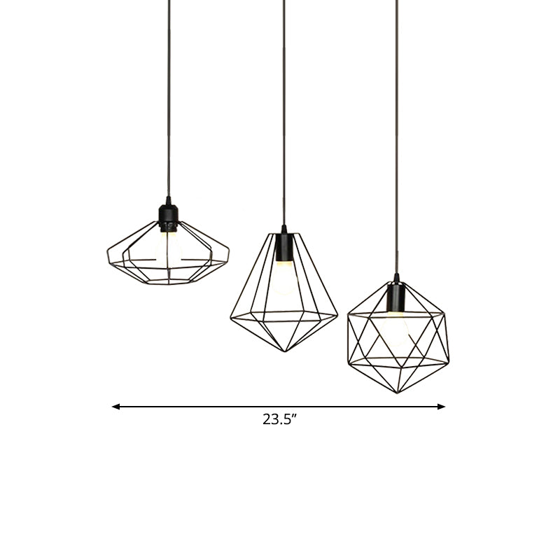 Farmhouse Iron Wire Cage Ceiling Pendant Light Fixture With 3 Lights And Black Shades
