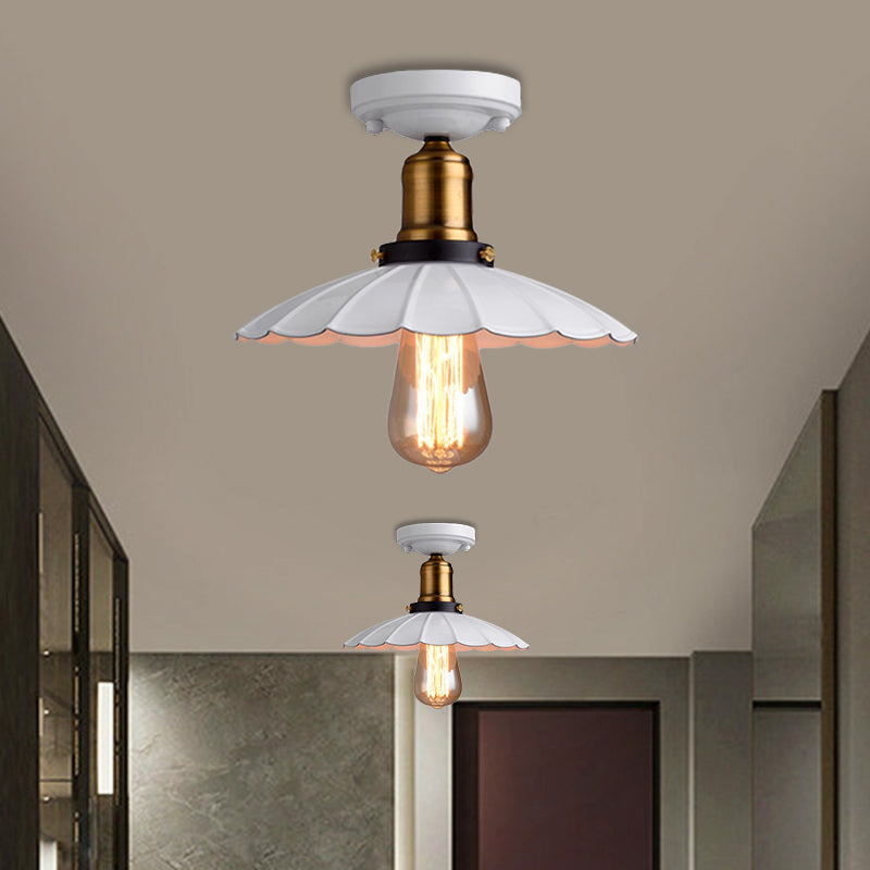 Retro Scalloped Edge Ceiling Light Fixture - Stylish 1-Bulb Semi Flush in Metallic Black/White for Corridor