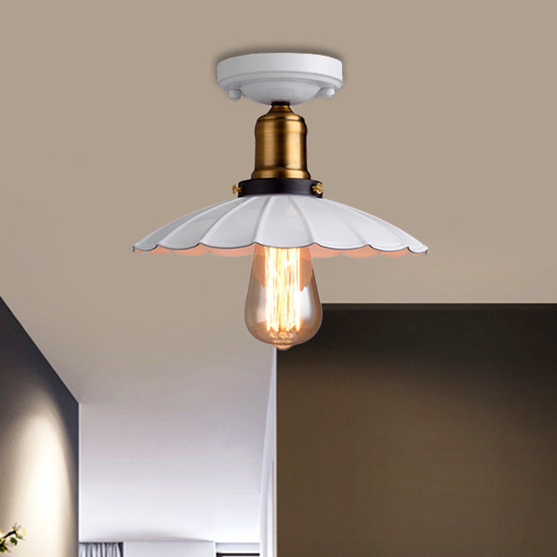 Retro Scalloped Edge Ceiling Light Fixture - Stylish 1-Bulb Semi Flush in Metallic Black/White for Corridor