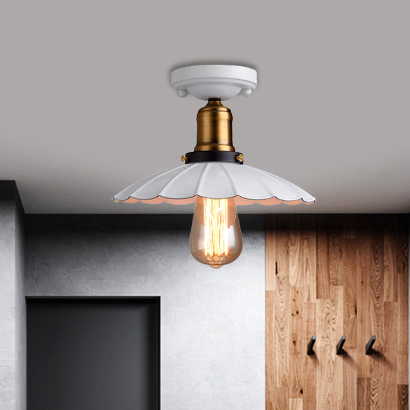 Retro Scalloped Edge Ceiling Light Fixture - Stylish 1-Bulb Semi Flush in Metallic Black/White for Corridor