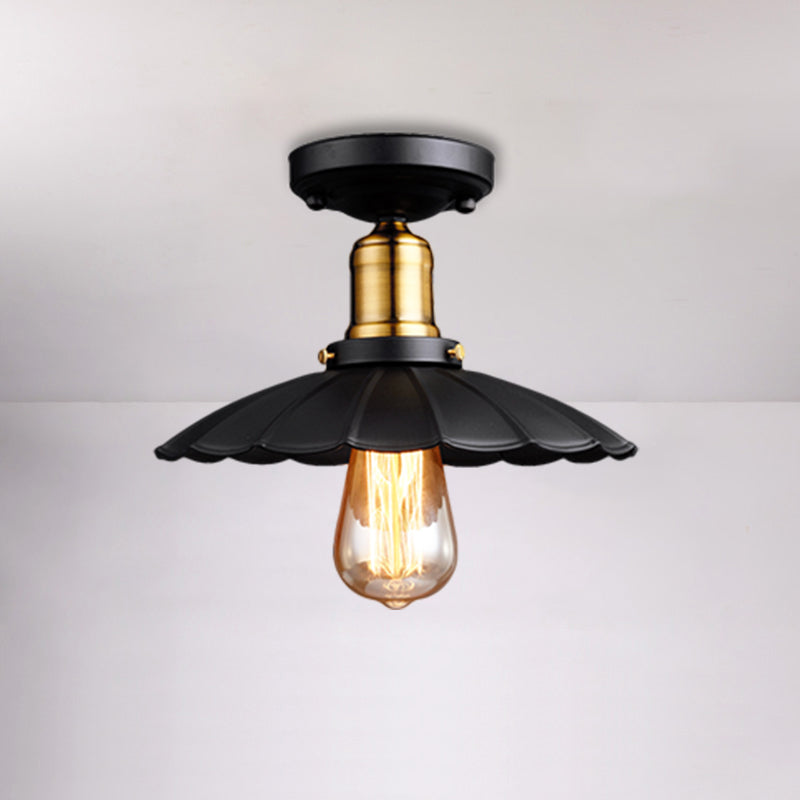 Retro Scalloped Edge Ceiling Light Fixture - Stylish 1-Bulb Semi Flush in Metallic Black/White for Corridor