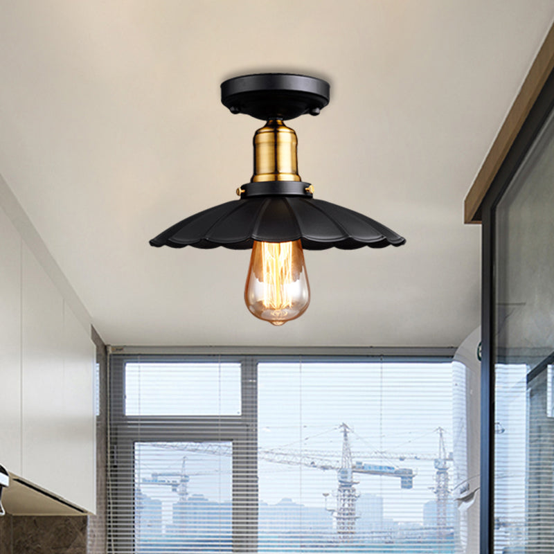 Retro Scalloped Edge Ceiling Light Fixture - Stylish 1-Bulb Semi Flush In Metallic Black/White For