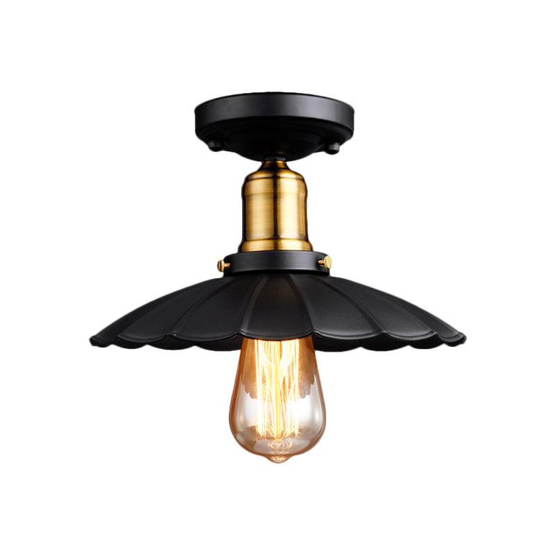 Retro Scalloped Edge Ceiling Light Fixture - Stylish 1-Bulb Semi Flush in Metallic Black/White for Corridor