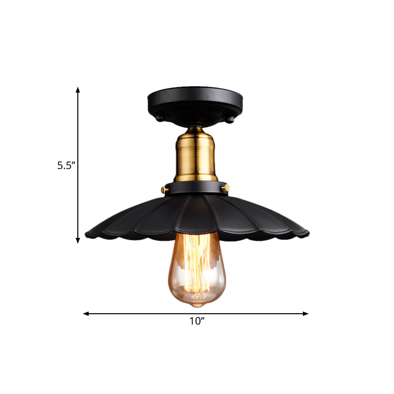 Retro Scalloped Edge Ceiling Light Fixture - Stylish 1-Bulb Semi Flush in Metallic Black/White for Corridor