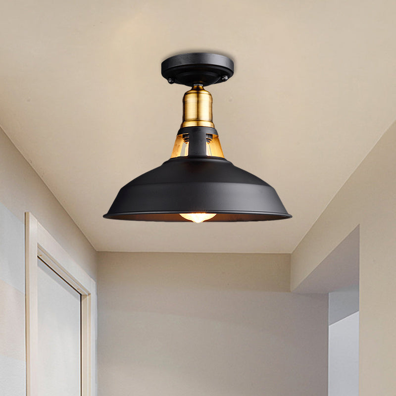 Retro Barn Ceiling Mounted Light 1-Light Semi Flush Fixture in Black/White - Stylish Metal Design for Foyer