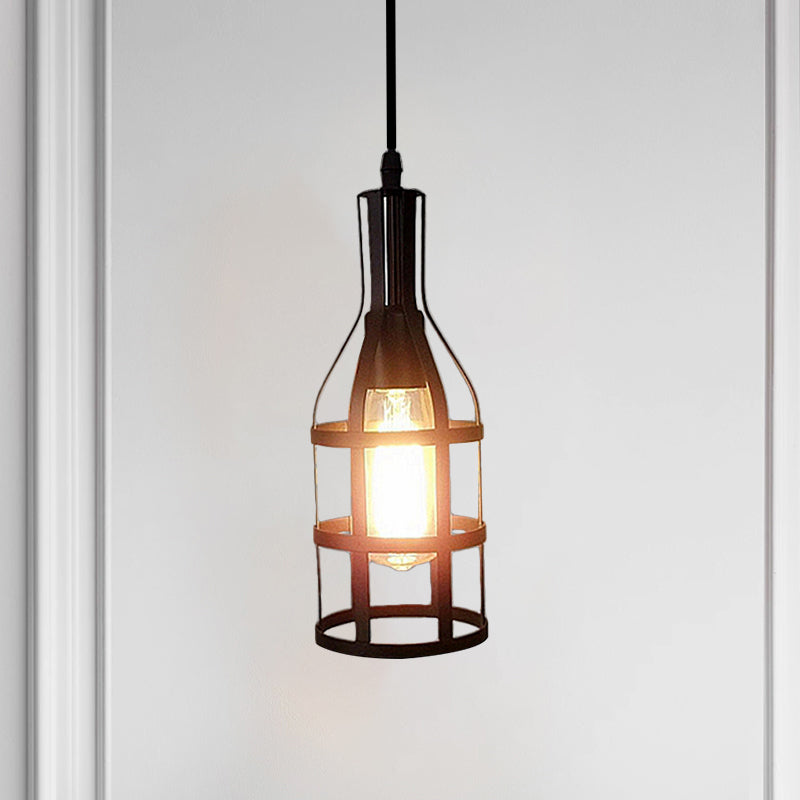 Industrial Wire Caged Metal Hanging Pendant Light with Wine Bottle Design - Black/Antique Brass Finish