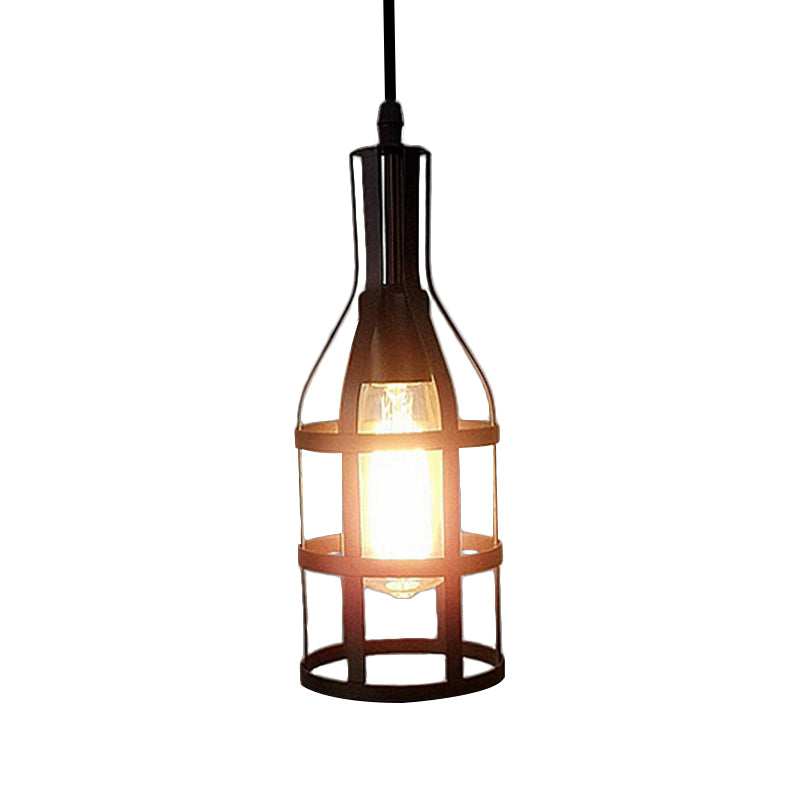 Industrial Wire Caged Metal Hanging Pendant Light with Wine Bottle Design - Black/Antique Brass Finish