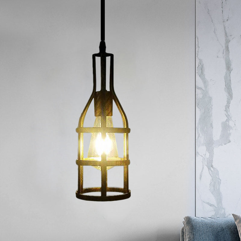 Industrial Metal Hanging Pendant Light With Wine Bottle Design And 1 Bulb In Black/Antique Brass