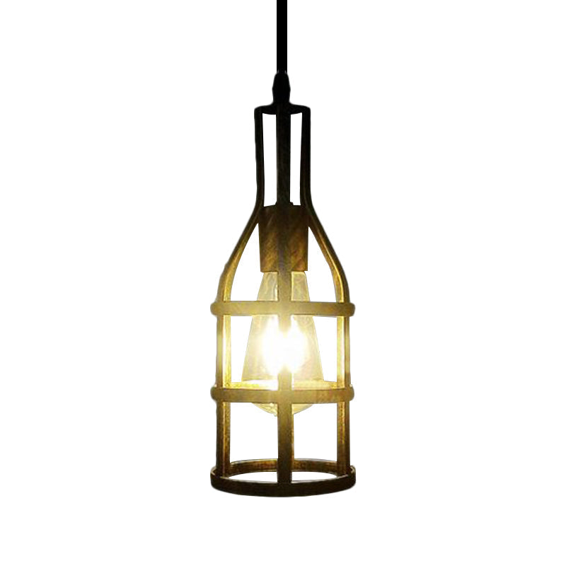 Industrial Wire Caged Metal Hanging Pendant Light with Wine Bottle Design - Black/Antique Brass Finish
