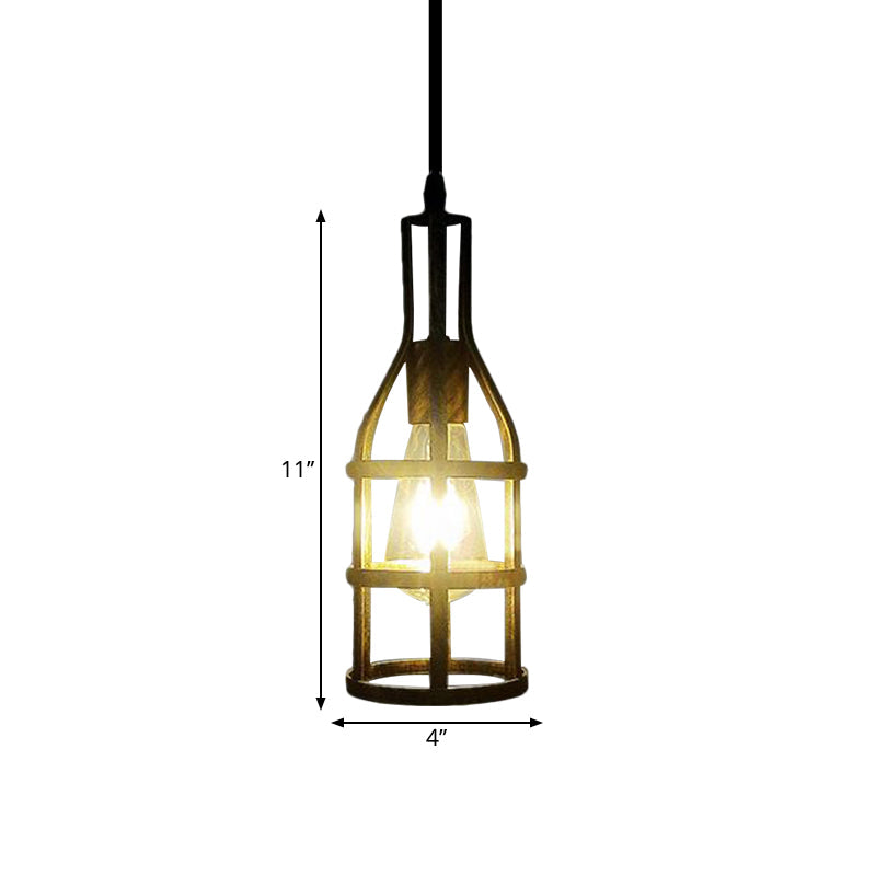 Industrial Metal Hanging Pendant Light With Wine Bottle Design And 1 Bulb In Black/Antique Brass