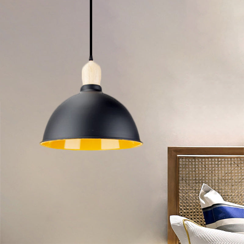 Retro Dome Shade Ceiling Pendant - Metallic Hanging Light with 1 Head for Dining Table, Black/White