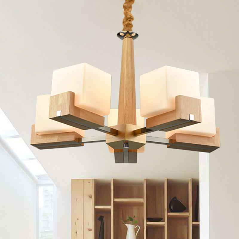 Nordic Wood Glass Cube Ceiling Lamp with Multiple Heads - Perfect for Living Room Lighting